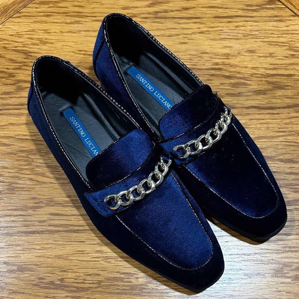 *SANTINO LUCIANO* Men's Blue Velvet Loafers w/ Gold Chain Size 7